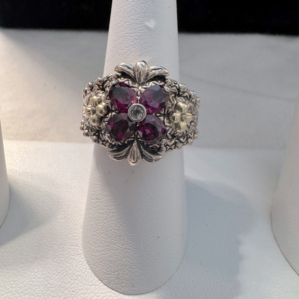 Elegant sterling Silver and 18kt Barbara Bixby purple Floral Ring